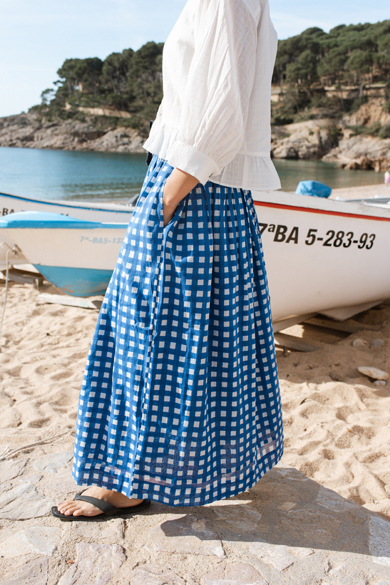 Oxford Skirt-Blue Checks handwoven cotton skirt by World of Crow in multicolor for women in Singapore