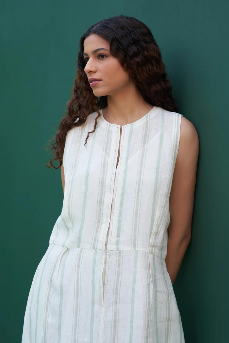 Una Striped Linen Sleeveless Dress
- Mint linen by Manan in mint color for women in Singapore