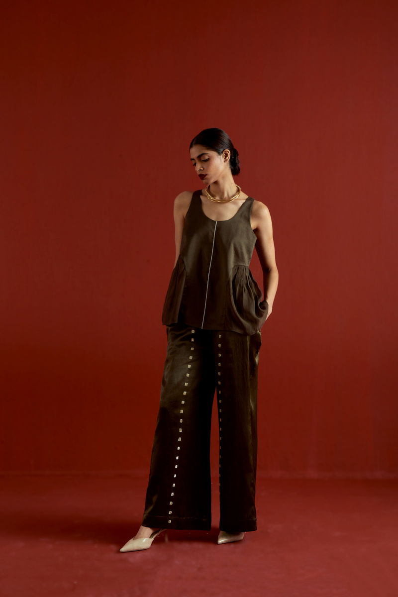SIDE U-GATHER TOP CO-ORD-DARK OLIVE organza by THREE in olive color for women in Singapore