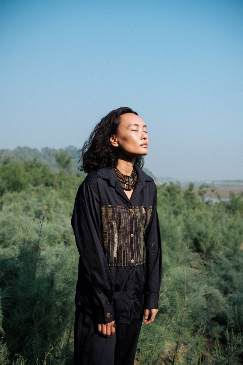Upcycled Hunza Shirt - Black Green cotton by The Terra Tribe in green color for women in Singapore