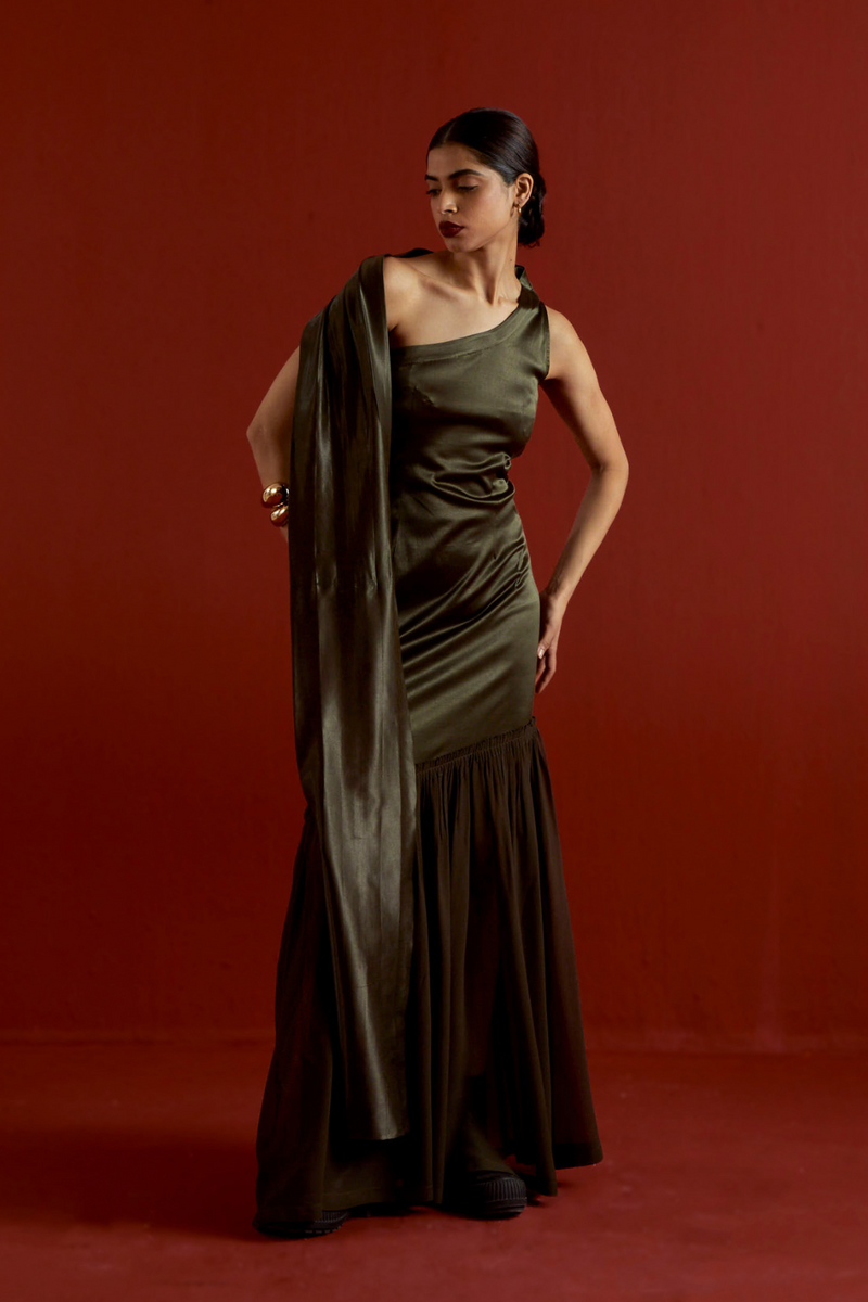 ONE SHOULDER DRESS-DARK OLIVE satin by THREE in olive color for women in Singapore
