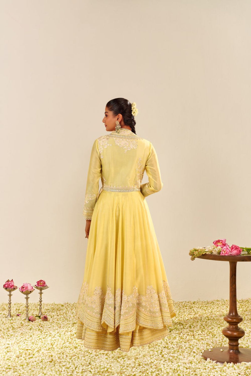Ameena - Long Anarkali With Skirt And Dupatta-Lemon Yellow silk by SHEETAL BATRA in yellow color for women in Singapore