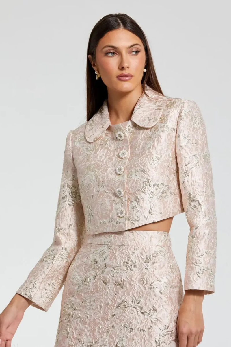 Pink Pearl Button Brocade Cropped Jacket brocade by Mac Duggal in blush color for women in Singapore