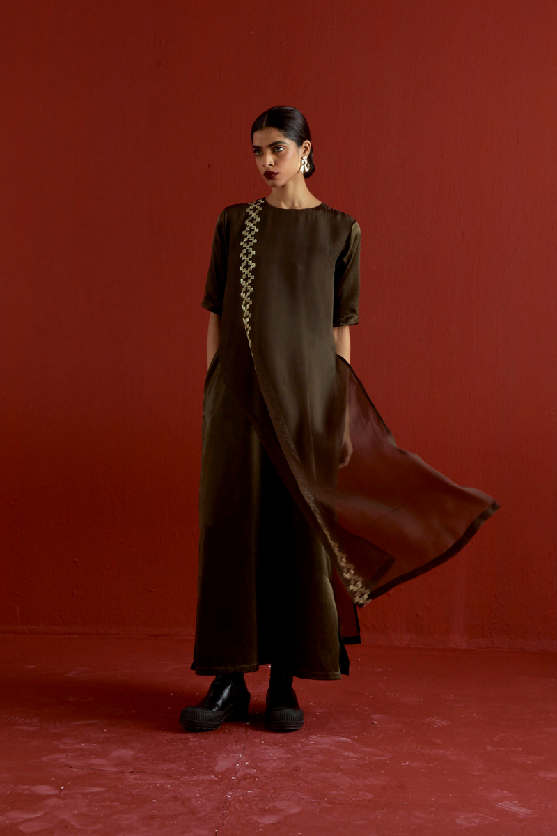 GOTA PATTI DETAIL DOUBLE LAYER DRESS-DARK OLIVE satin by THREE in olive color for women in Singapore