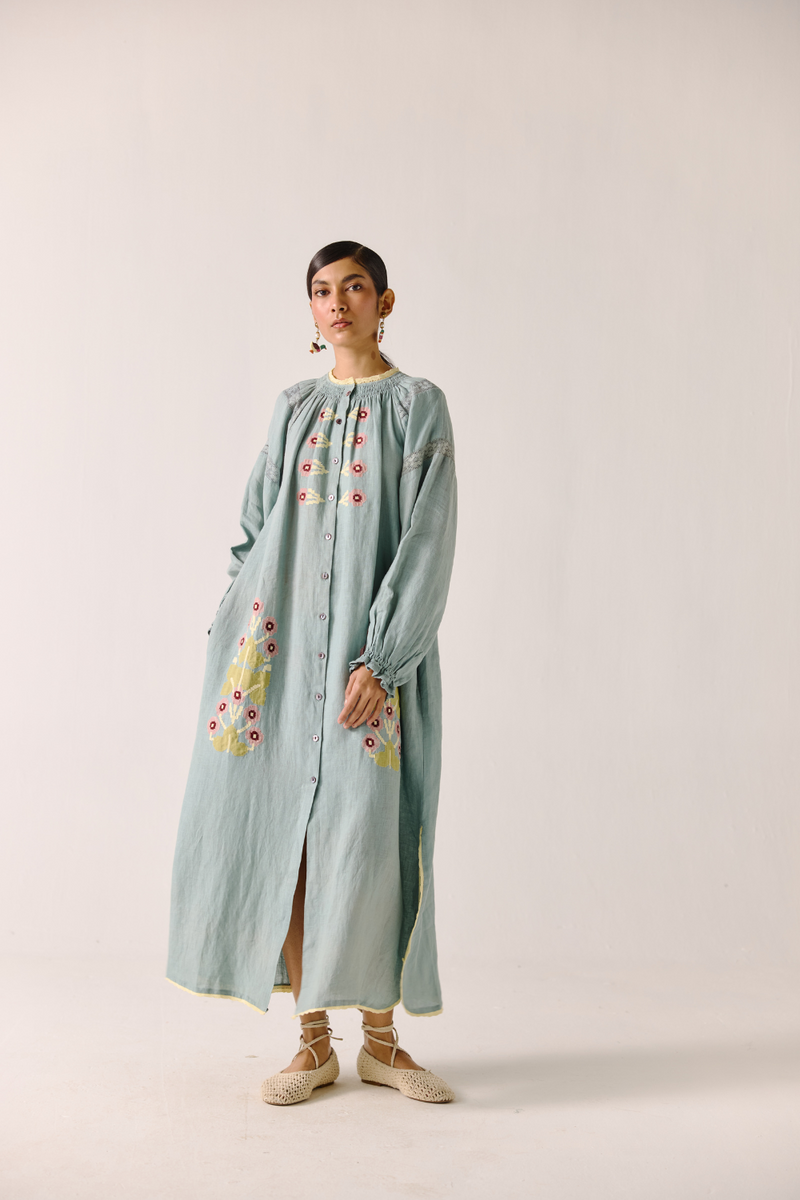 Chloe Dress - Pale Blue Pixel Applique linen by CORD in blue for women in Singapore