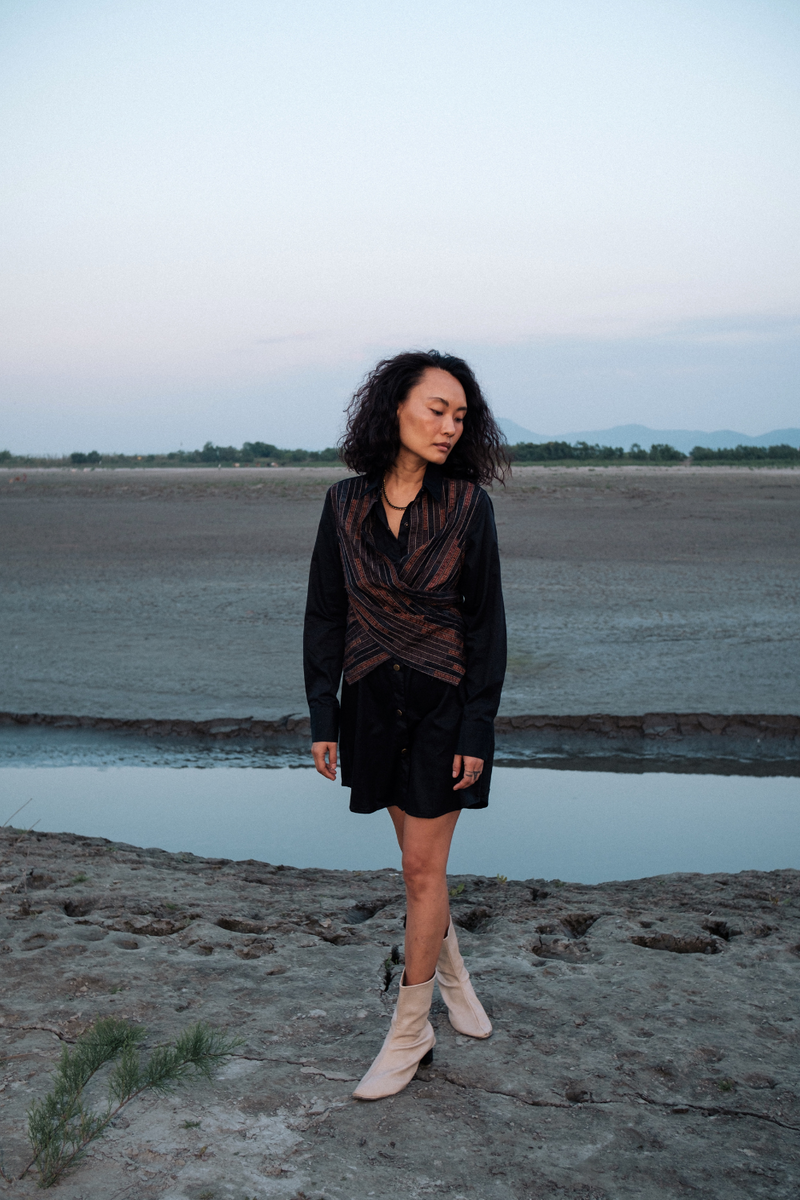 Upcycled Seattle Wrap Short Dress - Black Copper cotton by The Terra Tribe in black color for women in Singapore