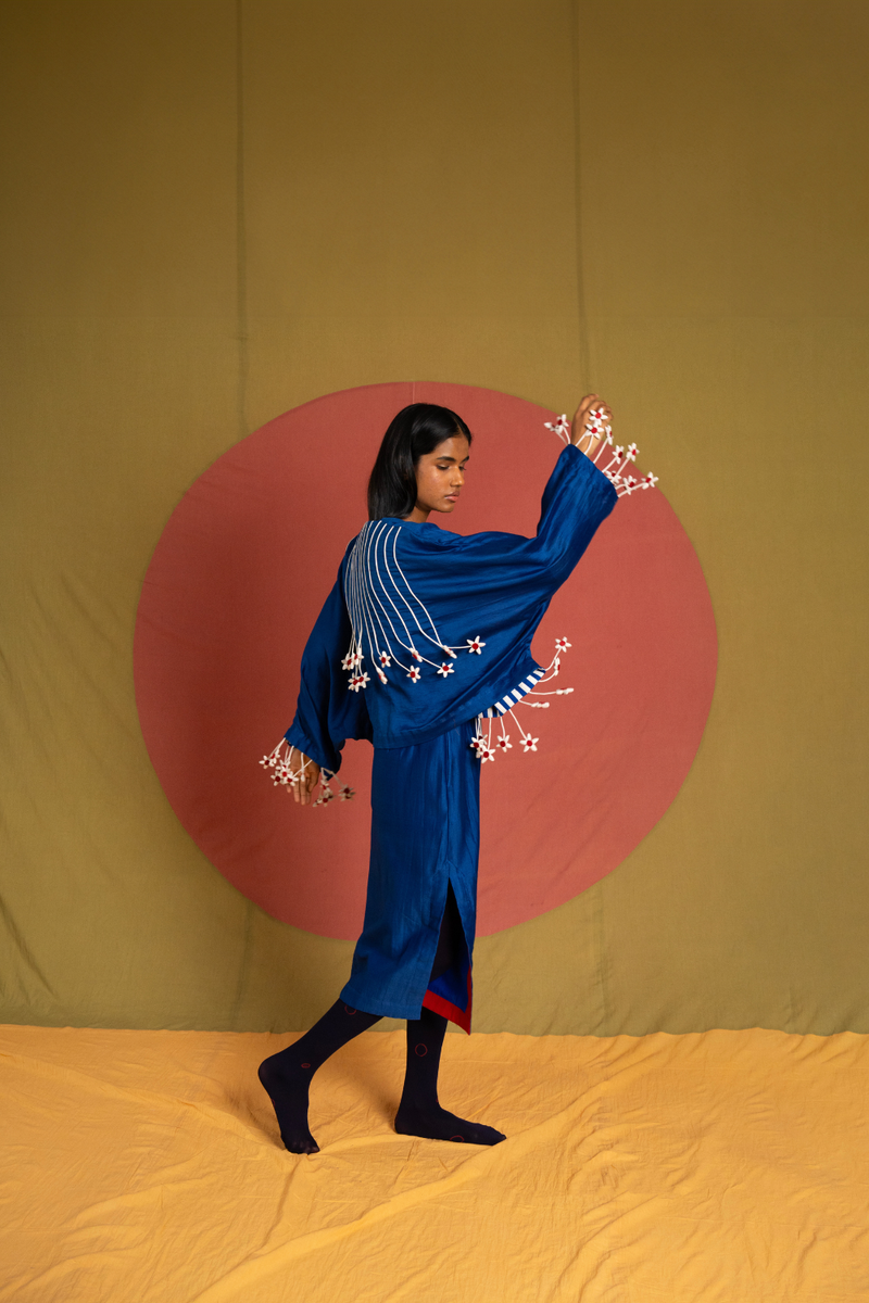 Tass Moma Jacket-Blue and White chanderi jacket/overlay by Ka-Sha in blue for women in Singapore