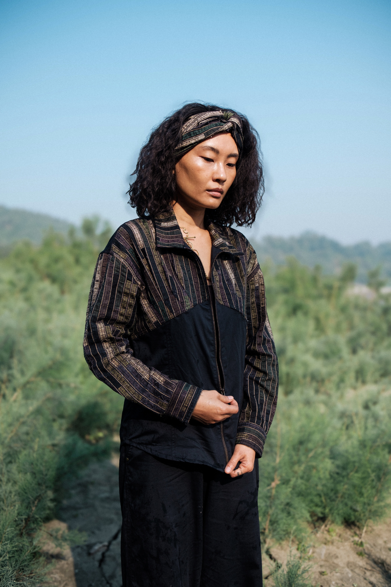 Upcycled Arizona Shirt - Black Green cotton by The Terra Tribe in green color for women in Singapore