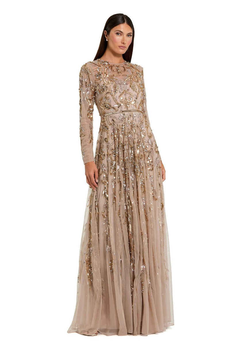 94213-Beige Long Sleeve Hand Embellished Gown by Mac Duggal in gold color for women in Singapore