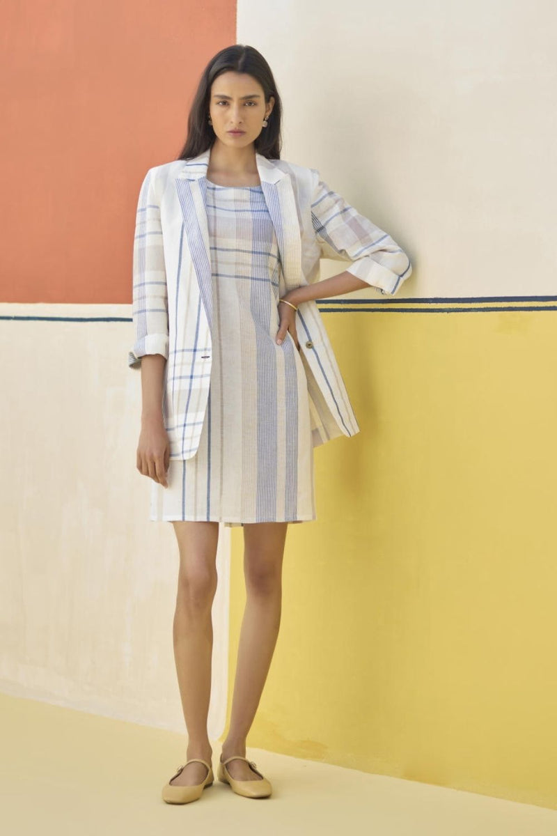 Nora Check Shift Dress With Blazer
 - Ivory linen by Manan in ivory color for women in Singapore