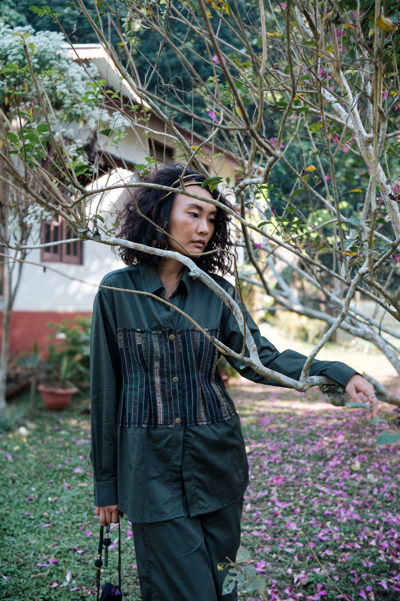 Upcycled Hunza Shirt - Green cotton by The Terra Tribe in green color for women in Singapore