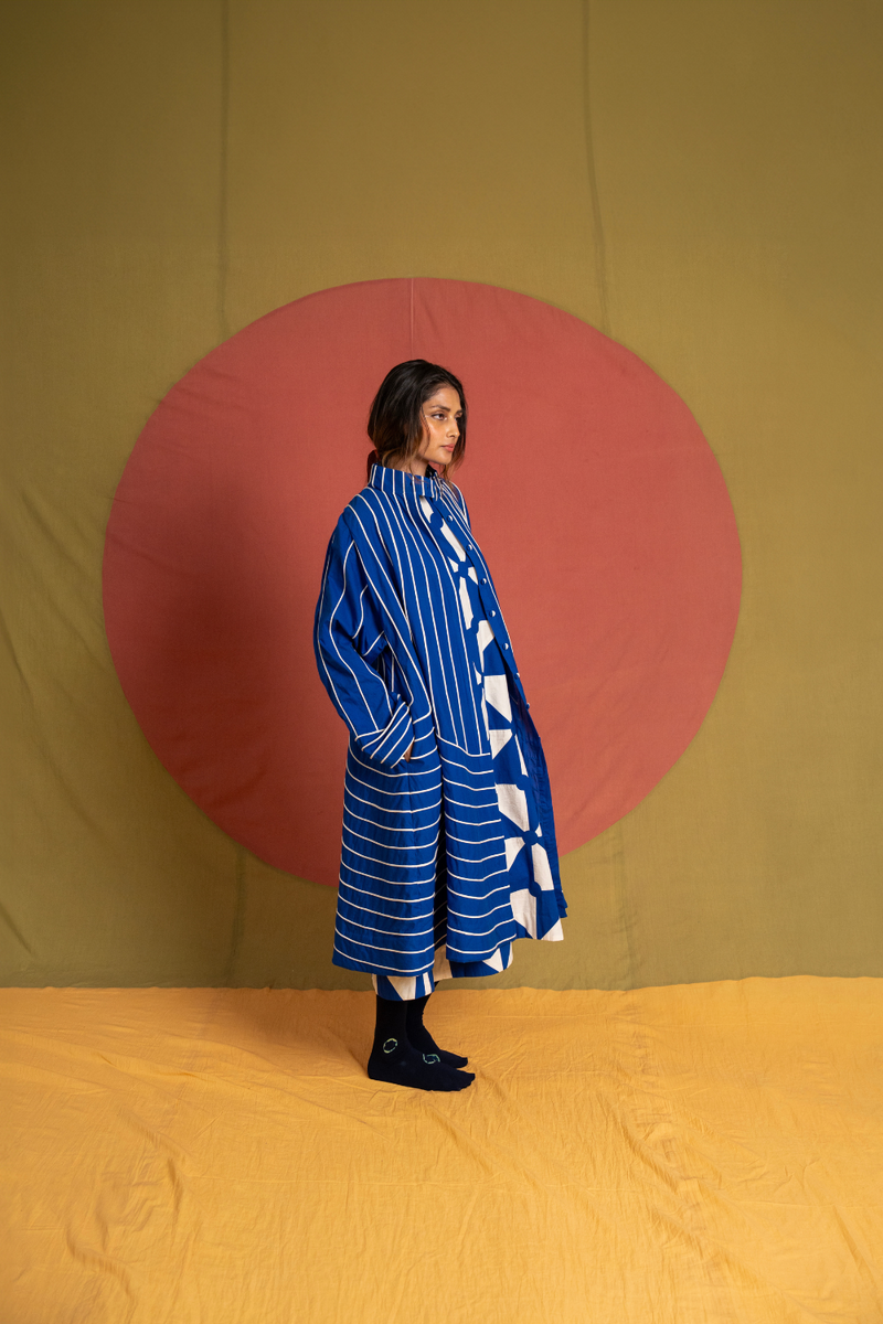 Maha Simp Jacket-White and Blue cotton jacket/overlay by Ka-Sha in blue for women in Singapore