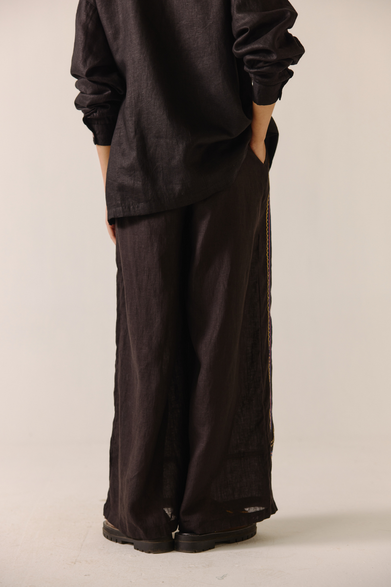 Lounge Pants - Black Cross Stitched Embroidery linen by CORD in black for women in Singapore