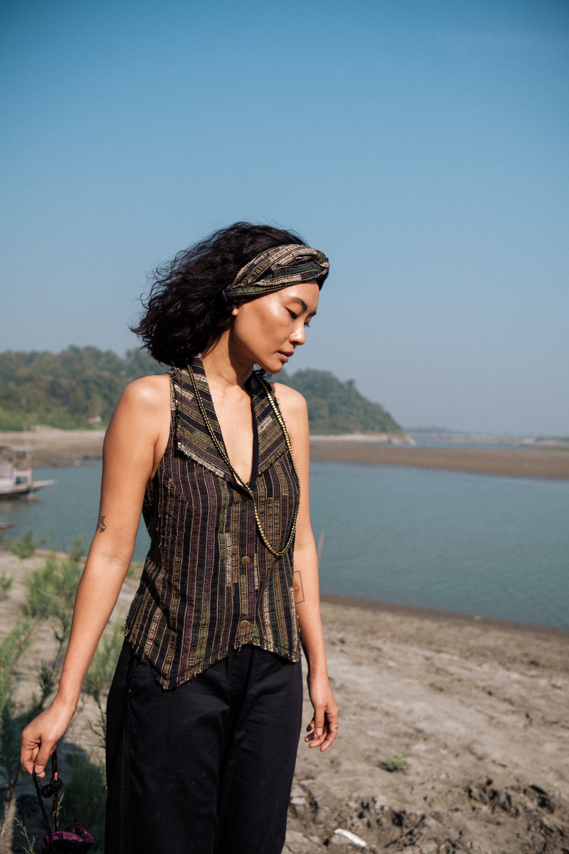 Upcycled Country Vest - Green cotton by The Terra Tribe in green color for women in Singapore