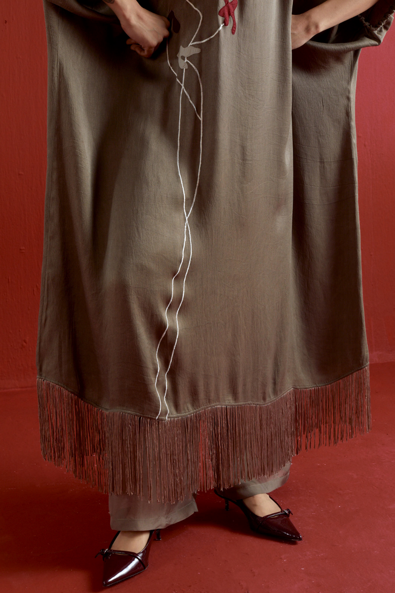 FLORAL FRINGE KAFTAN CO-ORD-CEDAR satin by THREE for women in Singapore