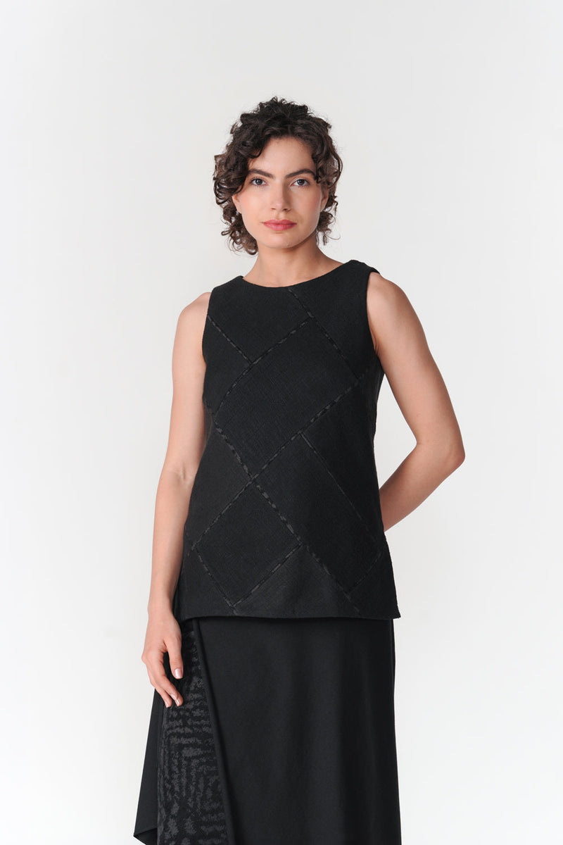 Patchwork Boat Neck Top top/shirt by Turn Black in black for women in Singapore