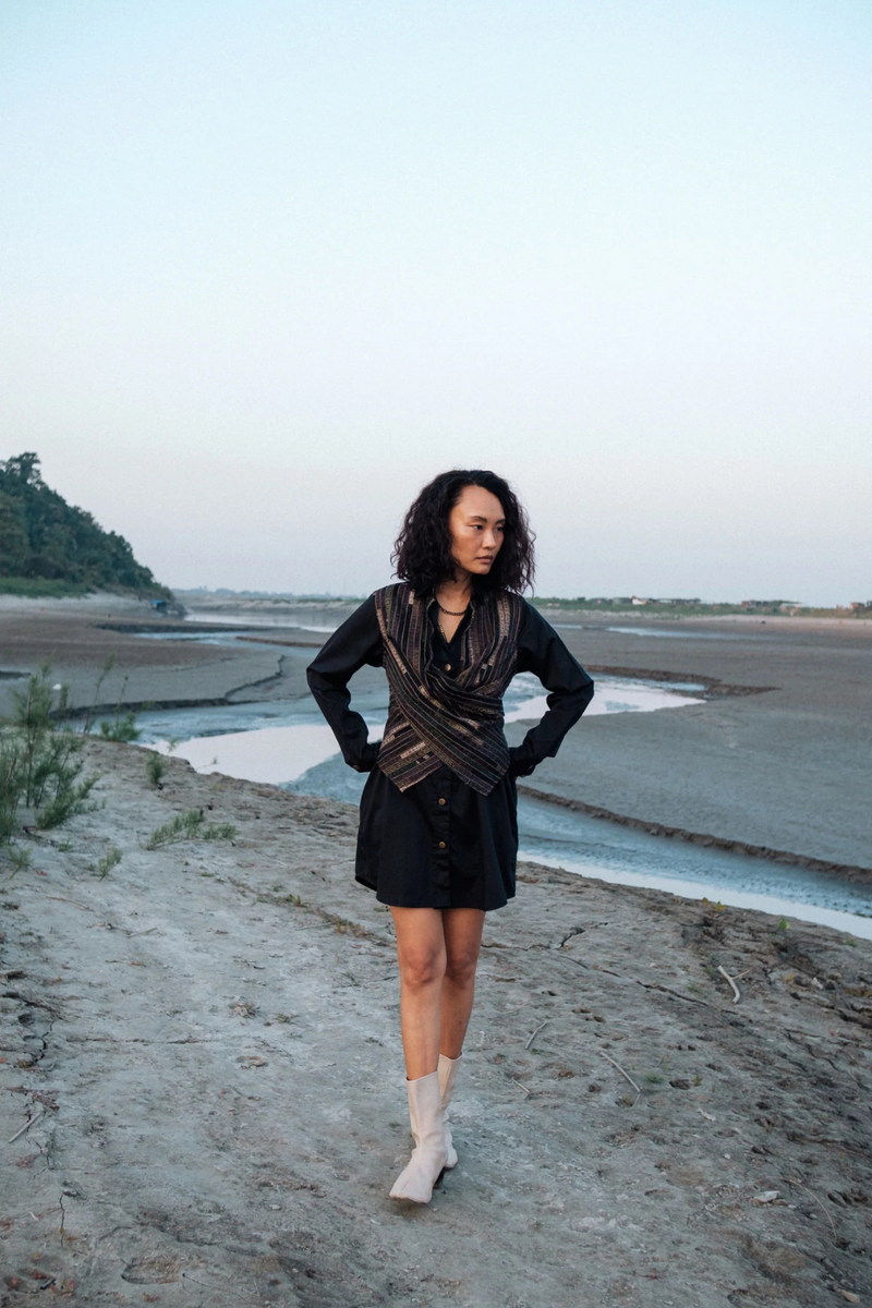 Upcycled Handwoven Seattle Wrap Calf Dress - Black Green cotton by The Terra Tribe in green color for women in Singapore