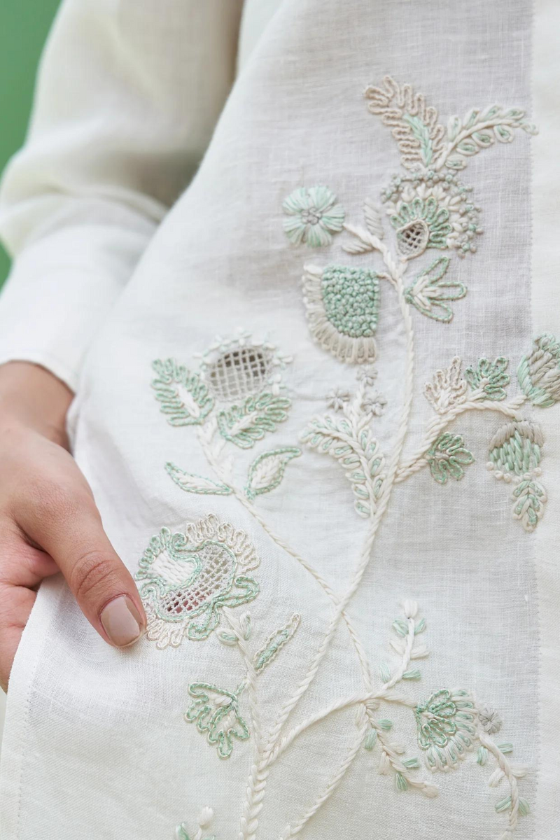 Noi Hand-Embroidered Linen Top
- Ivory linen by Manan in ivory color for women in Singapore