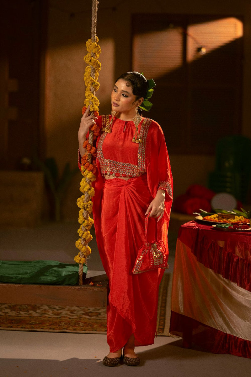 Ramani Nexa Red Hi Low Top & Wrap Skirt Set- Red