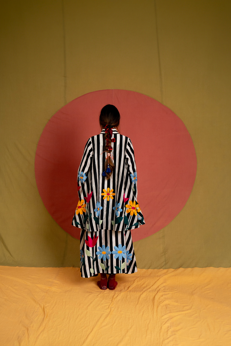 Mali Long Simp Jacket-Black and Multicolour chanderi jacket/overlay by Ka-Sha in multicolor for women in Singapore