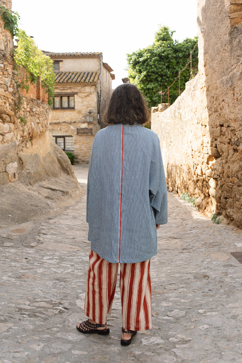 The Artist Coat-Blue Stripe handwoven cotton jacket/overlay by World of Crow in multicolor for women in Singapore