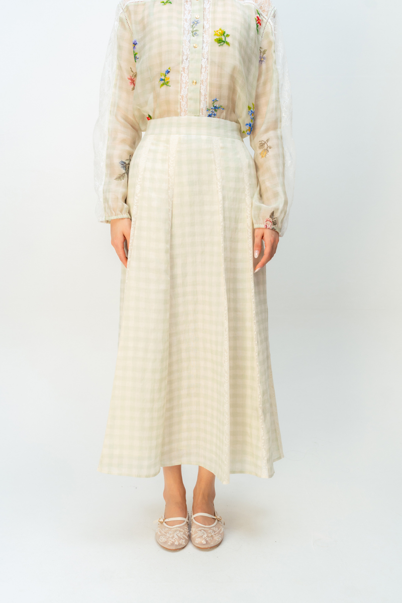 FAIRY CHECK SKIRT linen skirt by Ode to Odd in green for women in Singapore
