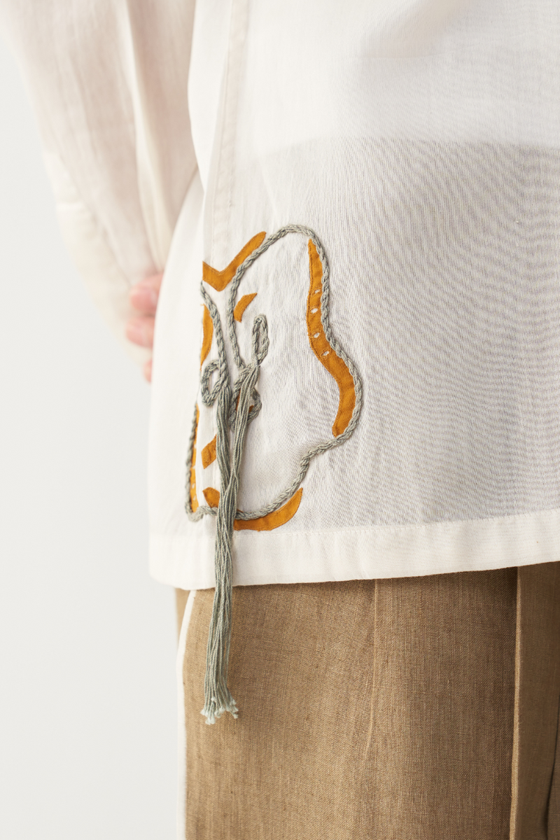 FLORAL ROPE EMB. SHIRT chanderi by THREE Men in ivory color for men in Singapore