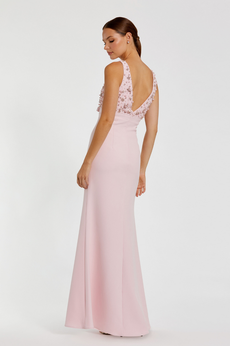 2278-V Neck Gown With Bow-Blush by Mac Duggal in blush color for women in Singapore