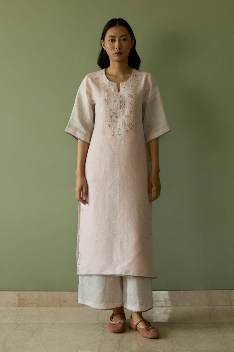 Vira Hand-Emboidered Linen Kurta Set-Blush linen by Manan in blush color for women in Singapore