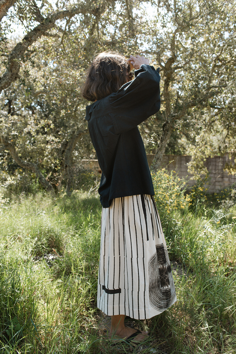 The Joy Skirt-Painted Black handwoven cotton skirt by World of Crow in black motif for women in Singapore