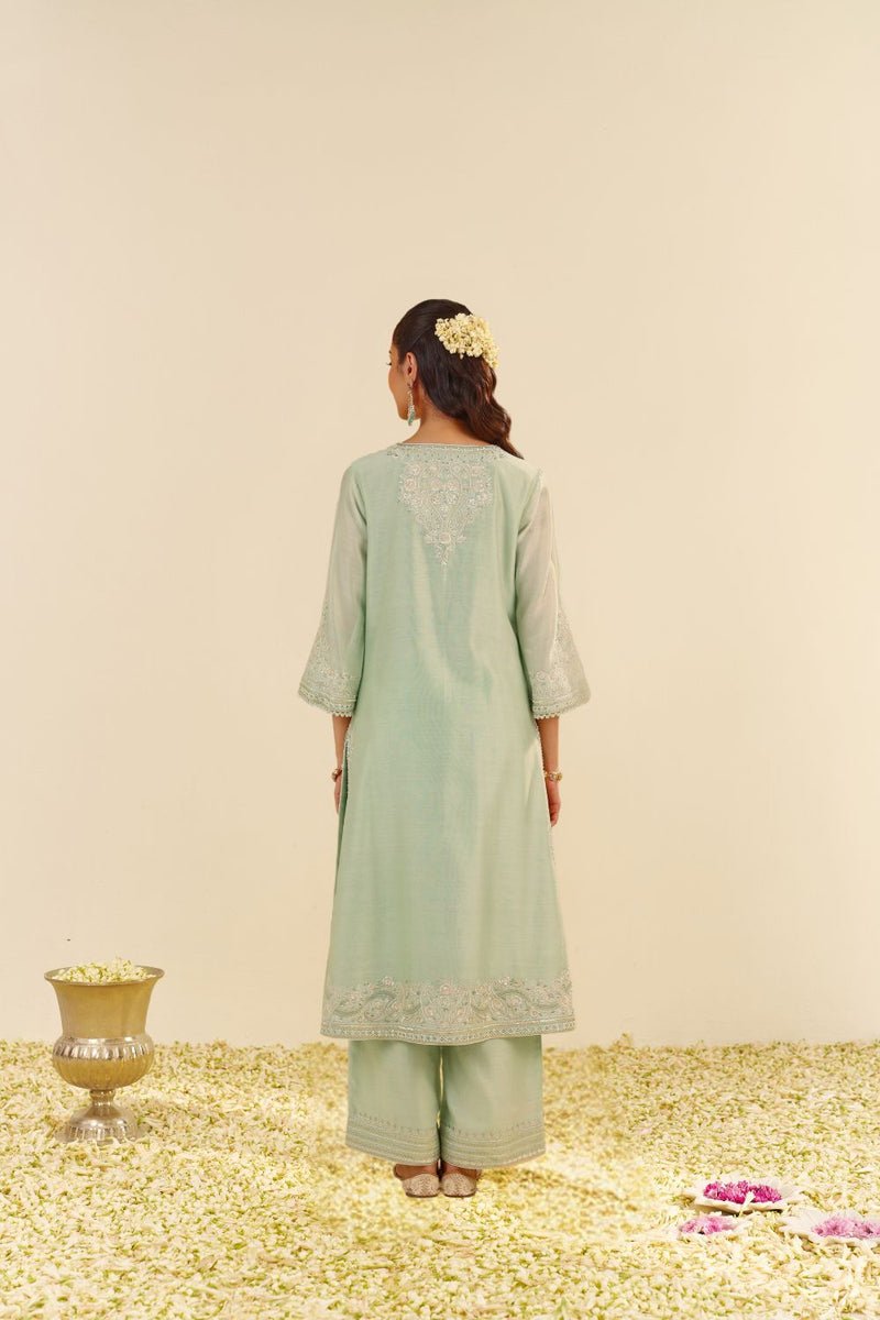 Sereen - A-Line Kurta With Palazzo And Dupatta-Mint Green silk by SHEETAL BATRA in mint color for women in Singapore