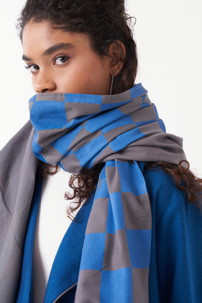 CHECKERED SCARF-GREY & ELECTRIC BLUE by THREE in blue color for women in Singapore