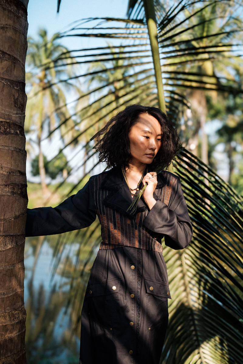 Upcycled Copenhagen Trench - Black Copper cotton by The Terra Tribe in black color for women in Singapore