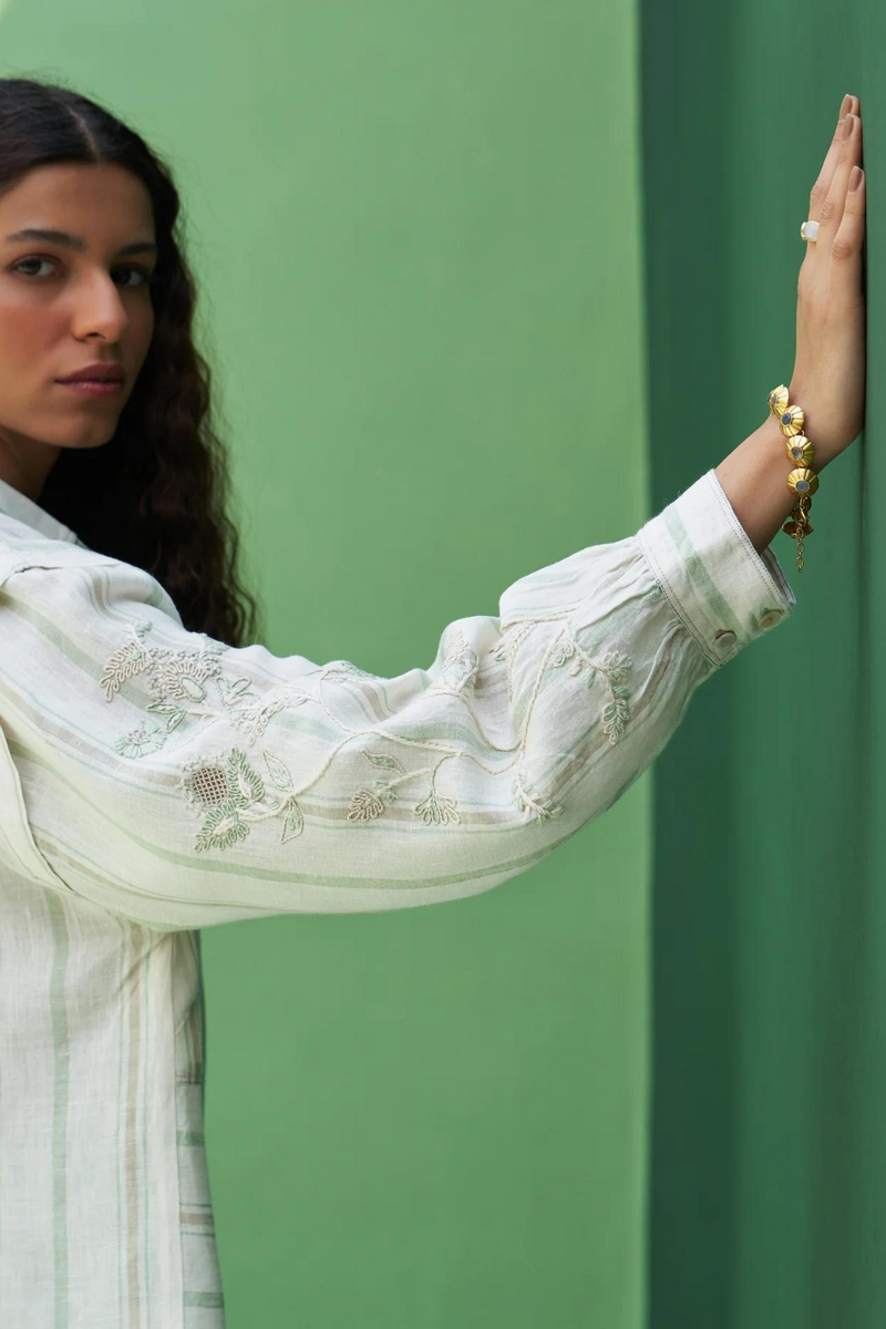 Akra Striped Linen Shirt
- Mint linen by Manan in mint color for women in Singapore