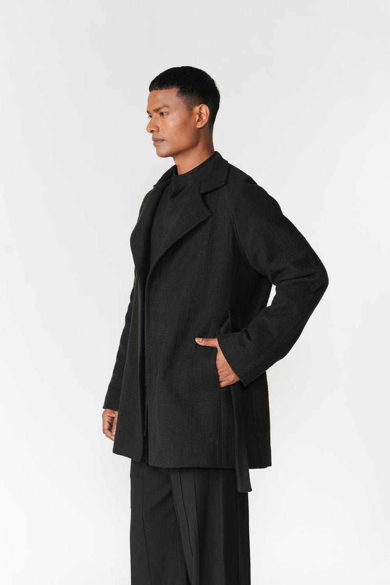 Chenille Notch Lapel Short Overcoat jacket/overlay by Turn Black in black for men in Singapore