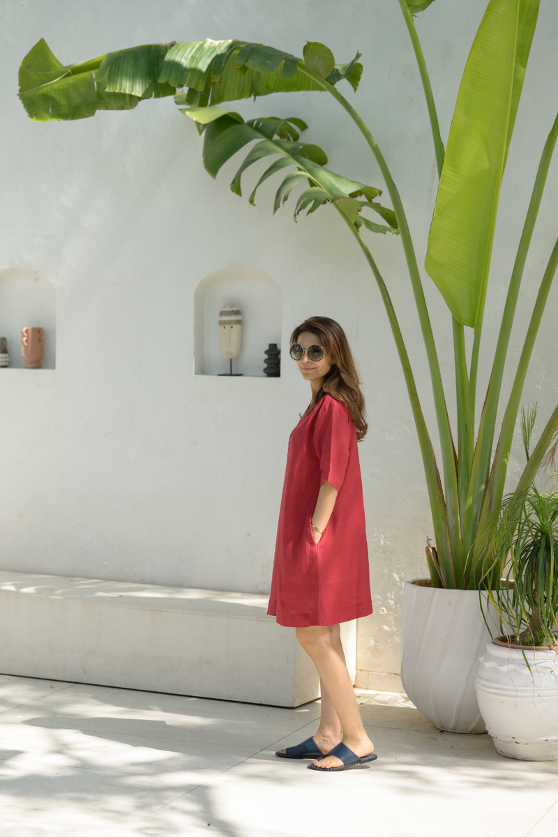 Sundown Palm Dress linen dress by Zanzibar Living in crimson red for women in Singapore