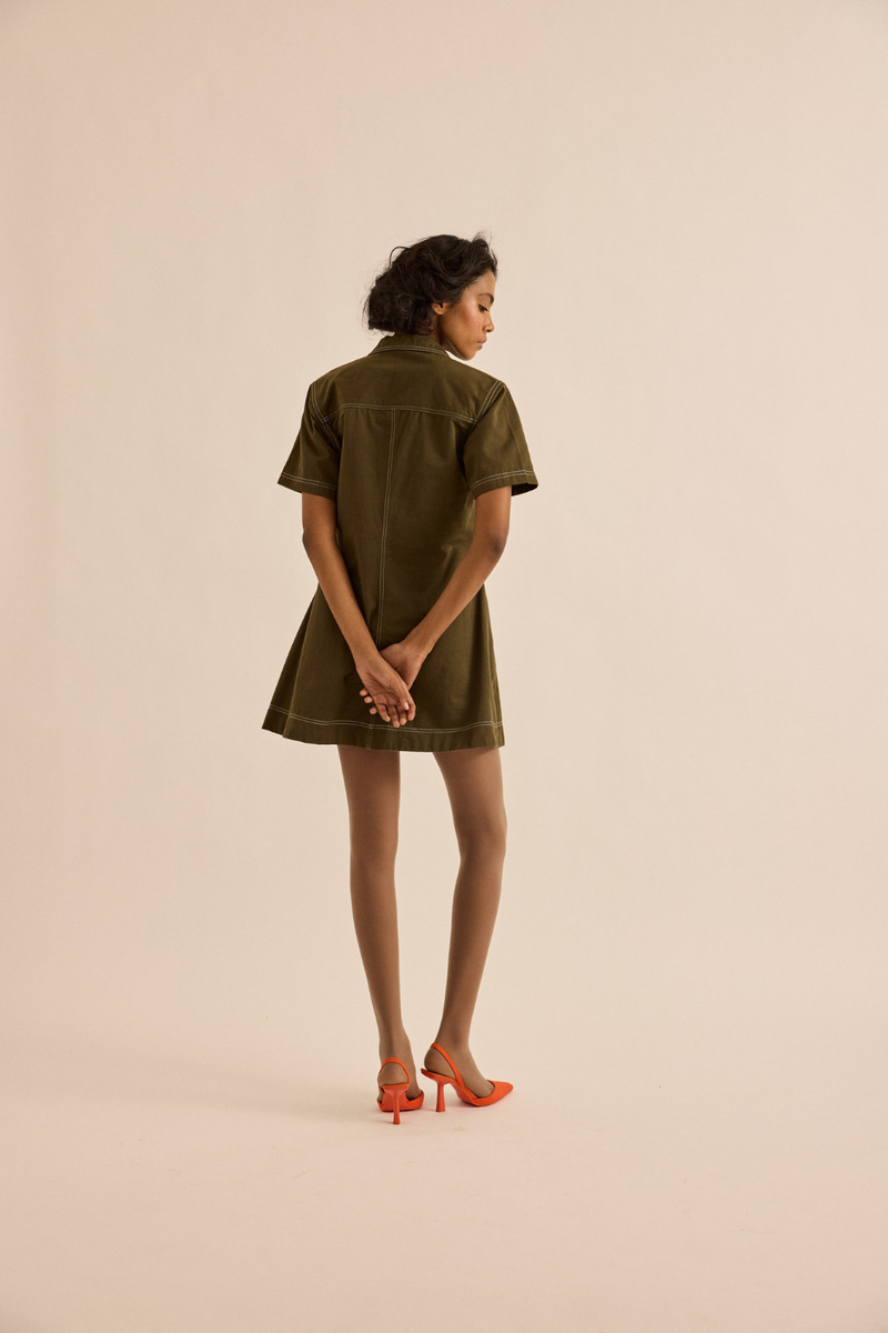 Chive Dress twill dress by Khara Kapas in olive for women in Singapore