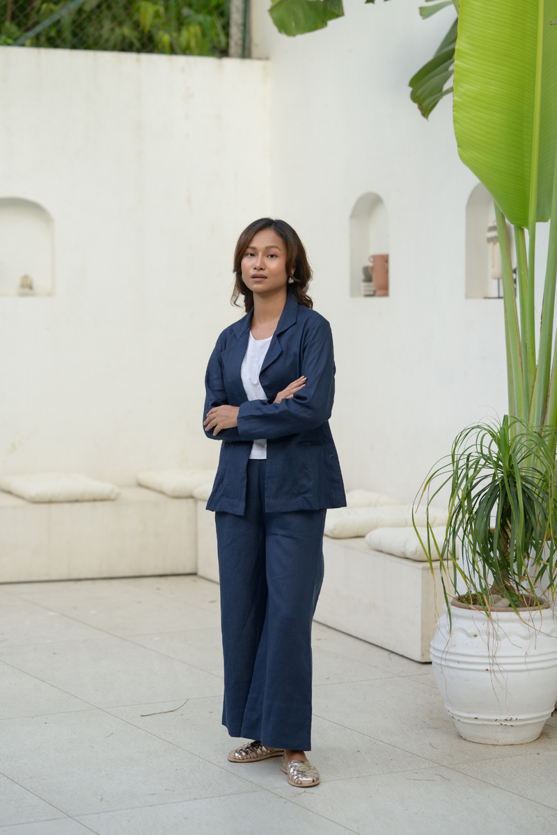 Midnight Line Suit linen co-ord set by Zanzibar Living in midnight blue for women in Singapore
