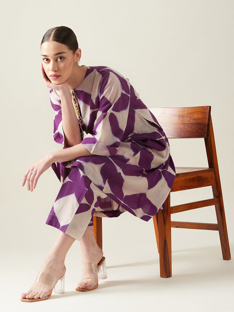 Purple Clamp Dye Embroidered Co ord set cotton Light Kurta Sets by Aavidi for women in Singapore