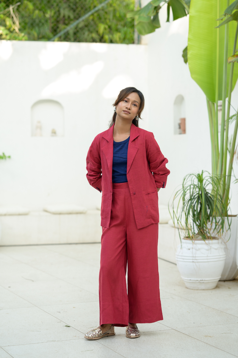 Crimson Sky Suit linen co-ord set by Zanzibar Living in crimson red for women in Singapore