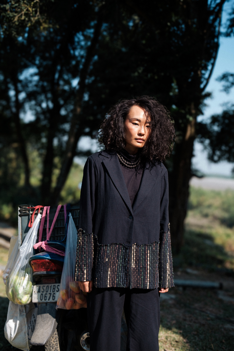 Upcycled Handwoven Ying Yang Blazer - Black Green cotton by The Terra Tribe in green color for women in Singapore