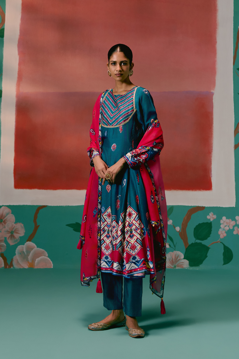 Teal Aztec Anarkali Set Buy Teal Aztec Anarkali Set from C&W | Kurta/Kurta Sets for Women by Label Mogra in teal color for women in Singapore