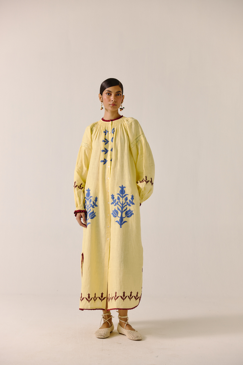 Chloe Dress - Butter Yellow Bird Applique linen by CORD in yellow for women in Singapore
