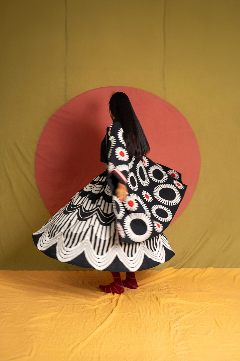 Scala Skirt-Black and White cotton skirt by Ka-Sha in black for women in Singapore