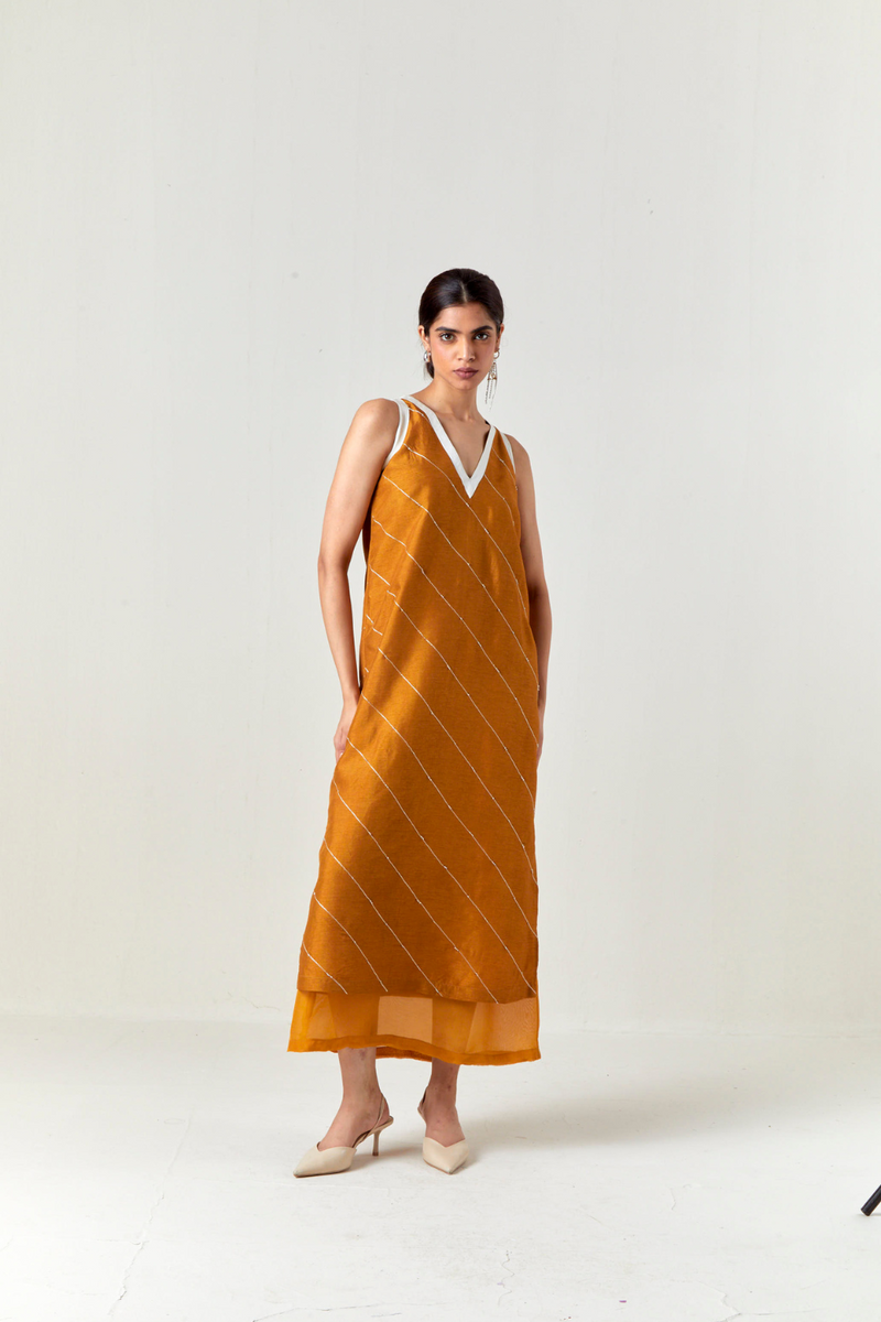 V-NECK EMBELLISHMENT DETAIL DRESS-OCHRE silk by THREE for women in Singapore