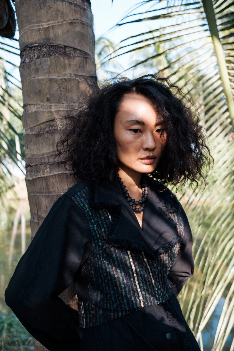 Upcycled Handwoven Copenhagen Trench - Black Green cotton by The Terra Tribe in green color for women in Singapore