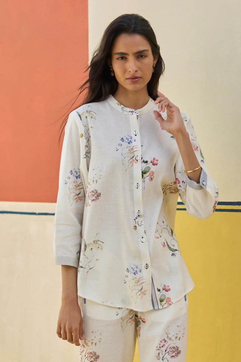 Vani Watercolour Floral Co-ord Set
-Ivory linen by Manan in ivory color for women in Singapore