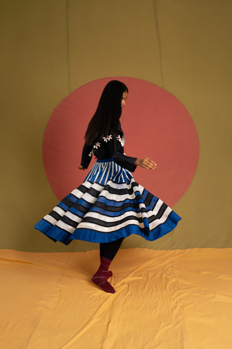Stella Rangoli Skirt-Black, Blue and White chanderi skirt by Ka-Sha in blue for women in Singapore
