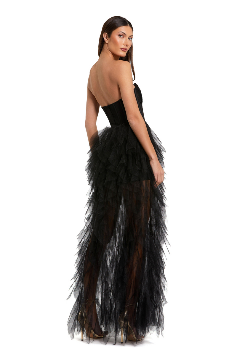27532-Net Gown with Spiral Ruffles-Black by Mac Duggal in black color for women in Singapore