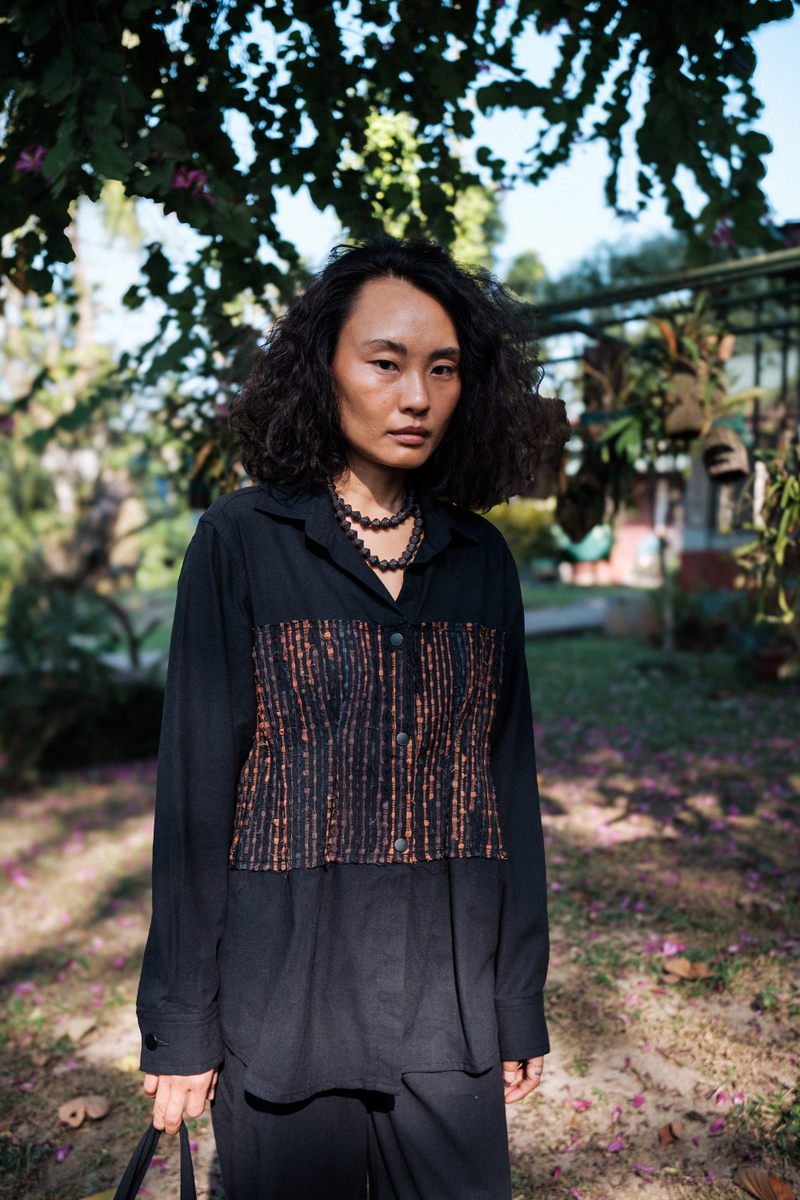 Upcycled Handwoven Hunza Shirt - Black Copper cotton by The Terra Tribe in black color for women in Singapore